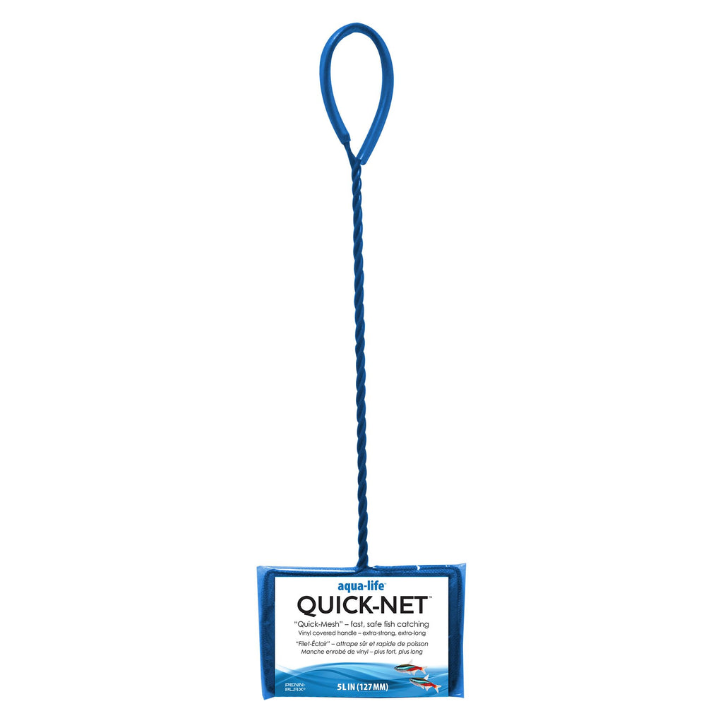 Penn-Plax Quick-Net Aquarium Fish Net - 5 x 4 in Fine Mesh, 16 in Vinyl-Covered Braided Long Handle - Small Aquarium Cleaning Tool for Gentle Fish Handling - Use in Freshwater & Saltwater Tanks - Blue