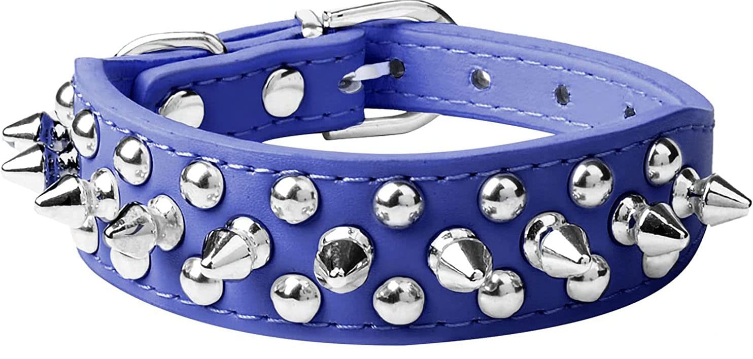 haoyueer Spiked Dog Collar Soft Pu Leather Mushrooms Rivet Spike Studded Puppy Adjustable Pet Collars for Small Breeds (L, Dark Blue)