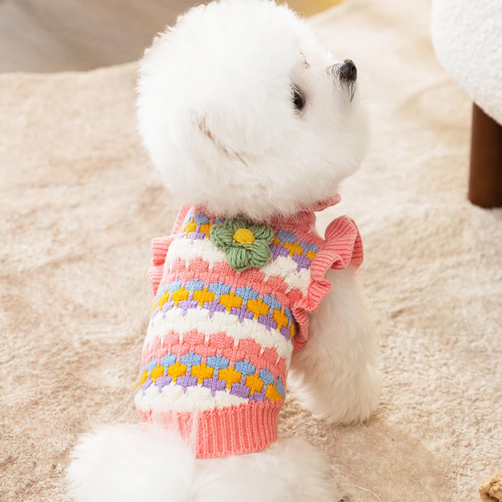 Anelekor Small Dog Sweater, Knitted Tulip Cat Sweater, Warm Thick Holiday Puppy Clothes for Small Dog Girl,Cold Weather Outfit for Kitten Chihuahua Yorkie Teacup Dachshund Pug (Pink, Large)
