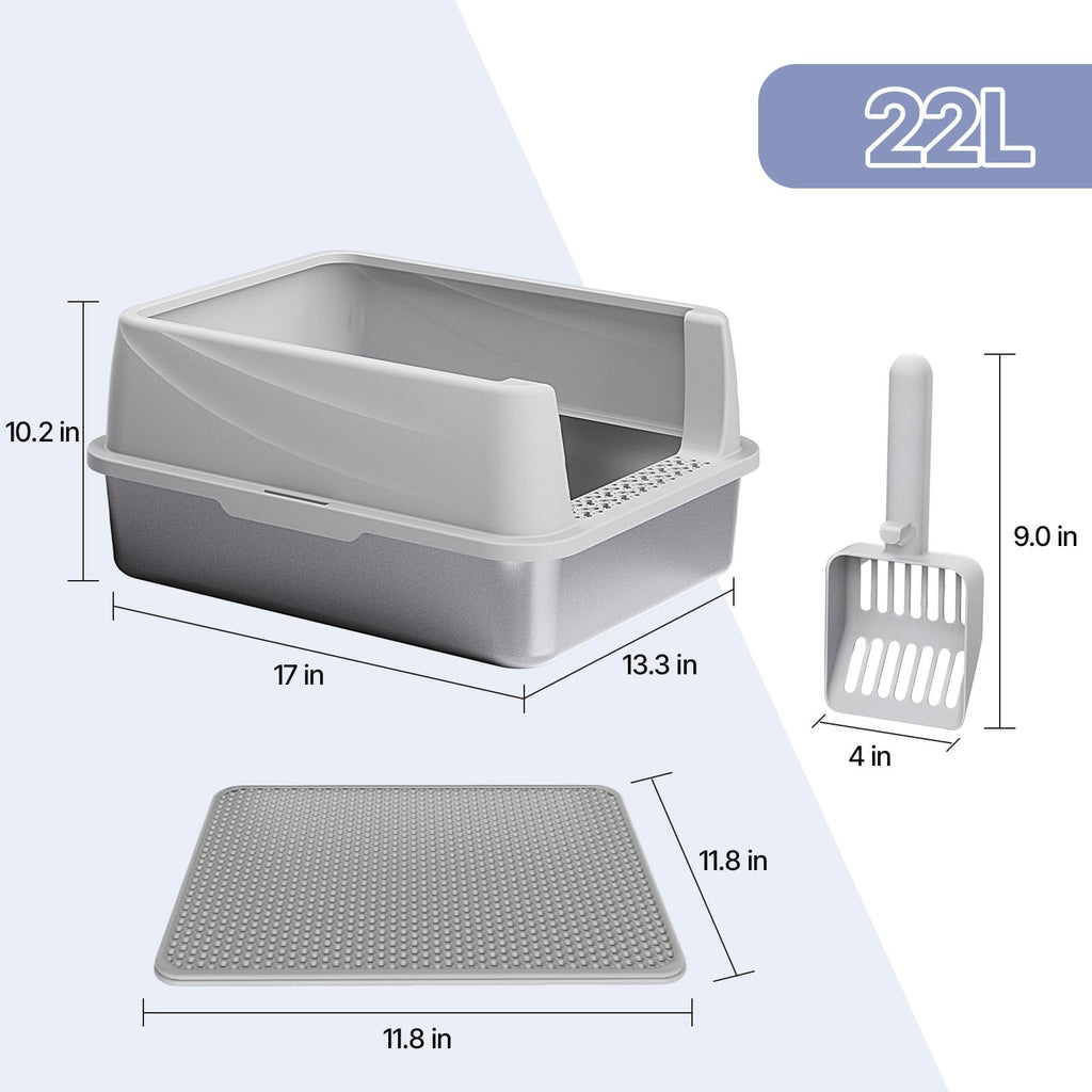 Henkelion Stainless Steel Cat Litter Box with Lid, Extra Large Litter Box for Big Cats with High Sided, Non-Sticky, Anti-Urine Leakage, Easy Cleaning, Include Cat Mat and Scoop with Holder (S)