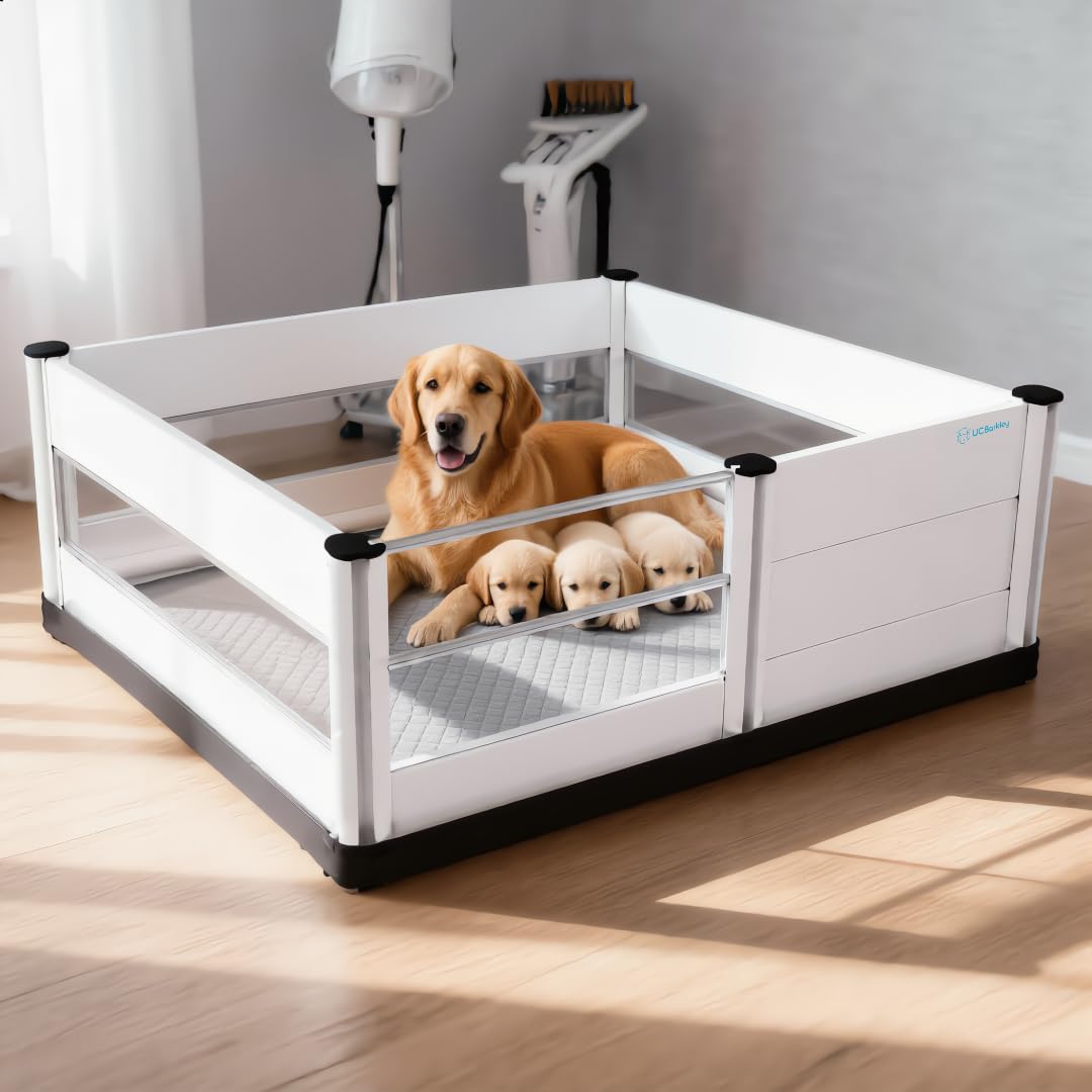 UC Barkley Whelping Box for Dogs and Puppies with Clear Window Panel – Modular, Easy-Clean, Safe Design with Pig Rail, Floor Liner & Washable Pad | Premium 48 Inch