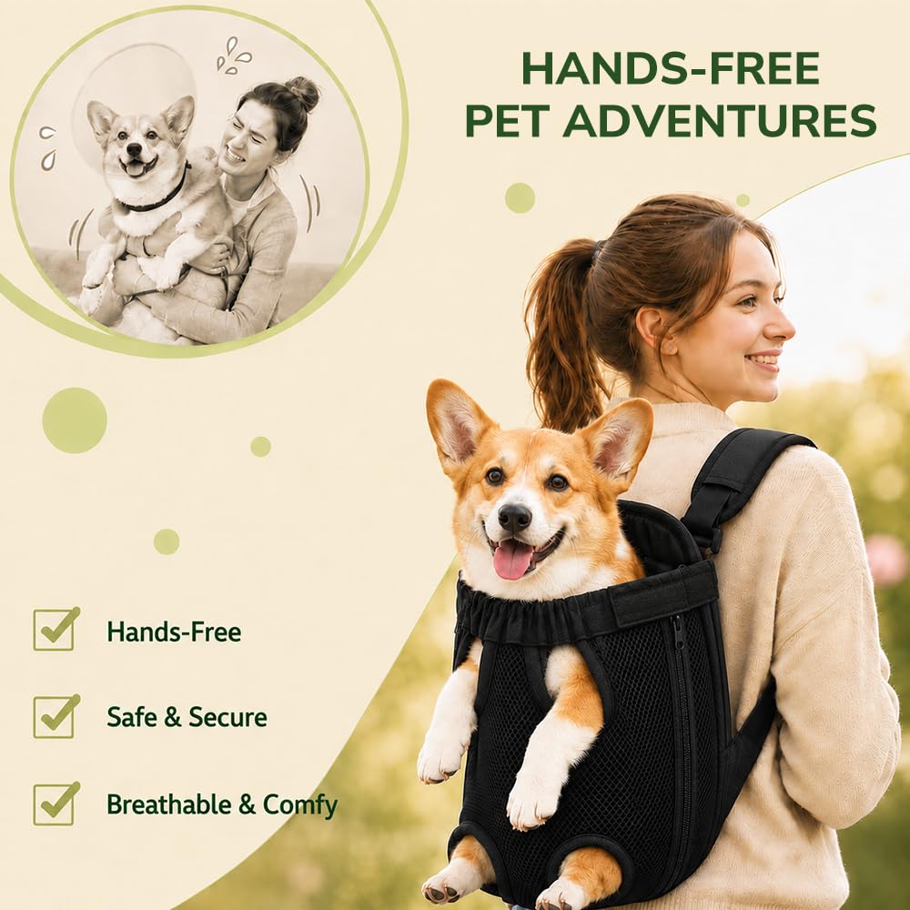Inspack Dog Backpack Carrier/Cat Carrier, Adjustable Pet Front Carriers Travel Bag for Puppy Medium Dogs, Legs Out, Soft Ventilated Dog Chest Carry Backpacks for Hiking/Camping, 7-11 lbs, Black