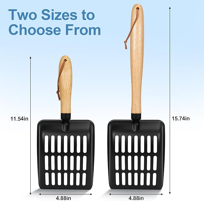 Cat Litter Scoop, Metal Litter Scoop, Heavy Duty Metal Cat Scooper for Litter Box, Black Sifter Scoop for Pellets, Wooden Handle Scoop with Hole, Kitty Necessity (9.8" Handle)
