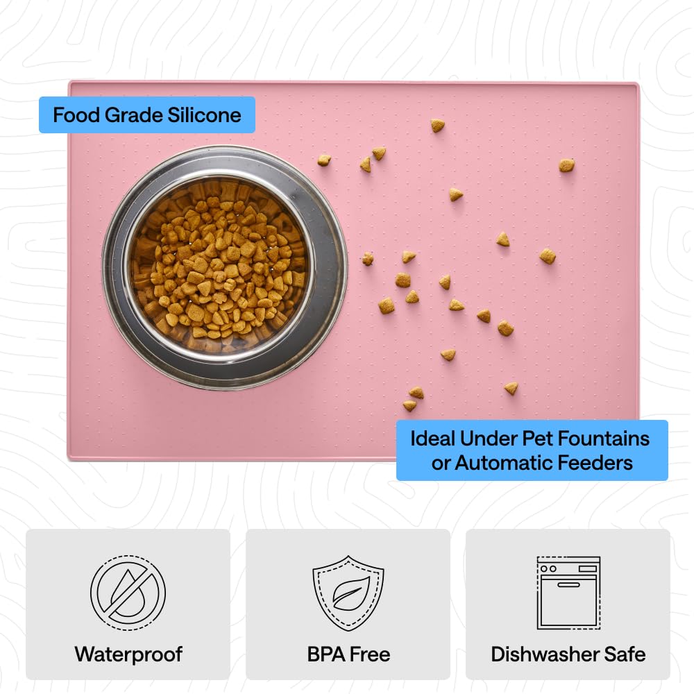 GORILLA GRIP 100% Waterproof Raised Edge BPA Free Silicone Pet Feeding Mat, Dog Cat Food Mats Contain Spills Protects Floors, Placemats for Cats and Dogs Water Bowl, Pets Accessories 18.5x11.5 Pink