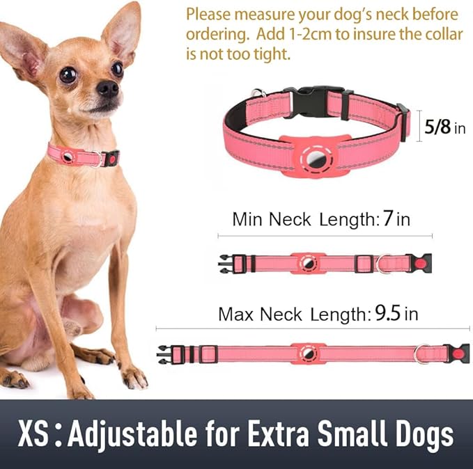 Erbine AirTag Dog Collar with AirTag Holder Compatible for Air Tag, Reflective Soft Padded, Safety Locking Buckle, Adjustable Nylon for Small Medium Large Dogs (Pink,XS)