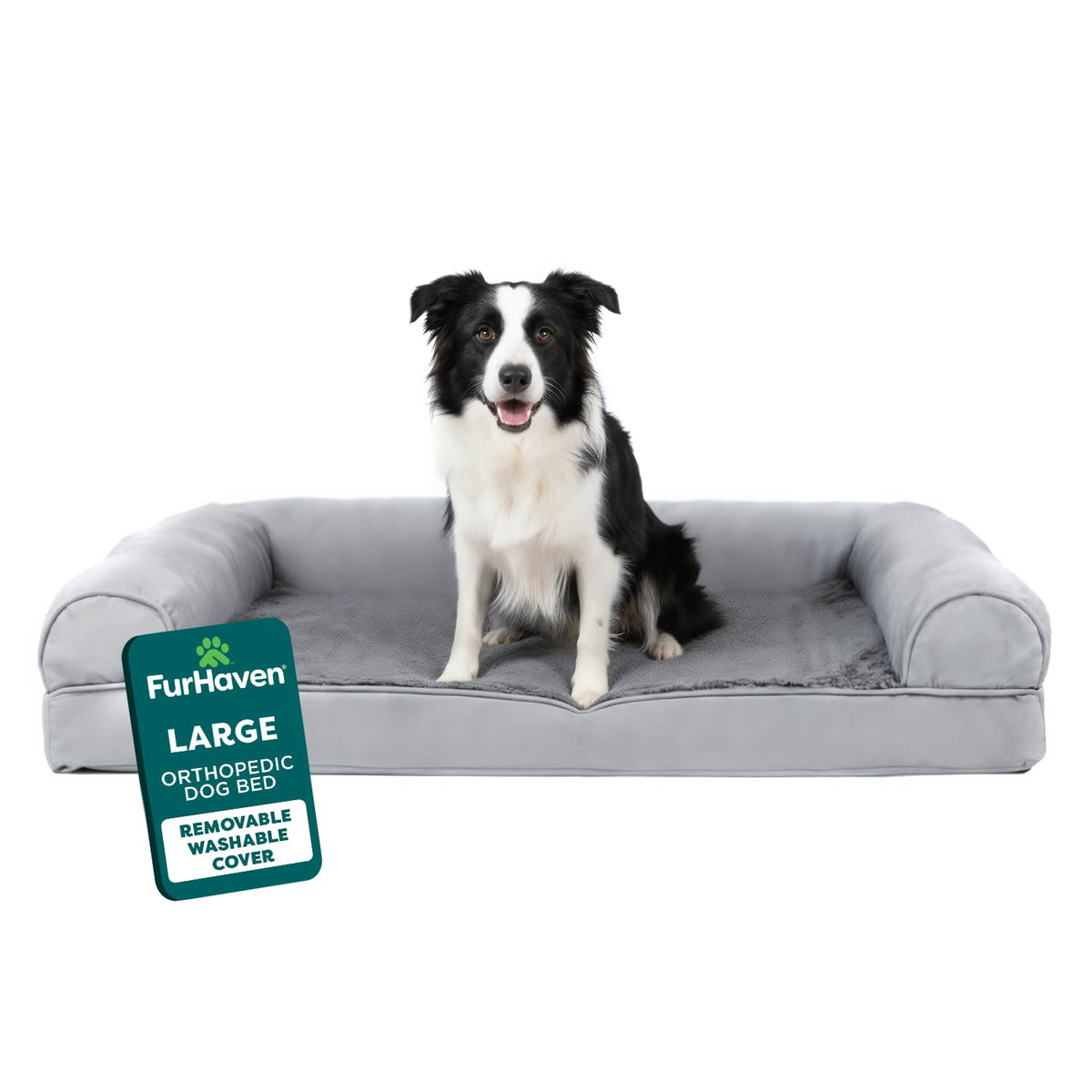 Furhaven Orthopedic Dog Bed for Large Dogs w/ Removable Bolsters & Washable Cover, For Dogs Up to 95 lbs - Plush & Suede Sofa - Almondine, Jumbo/XL