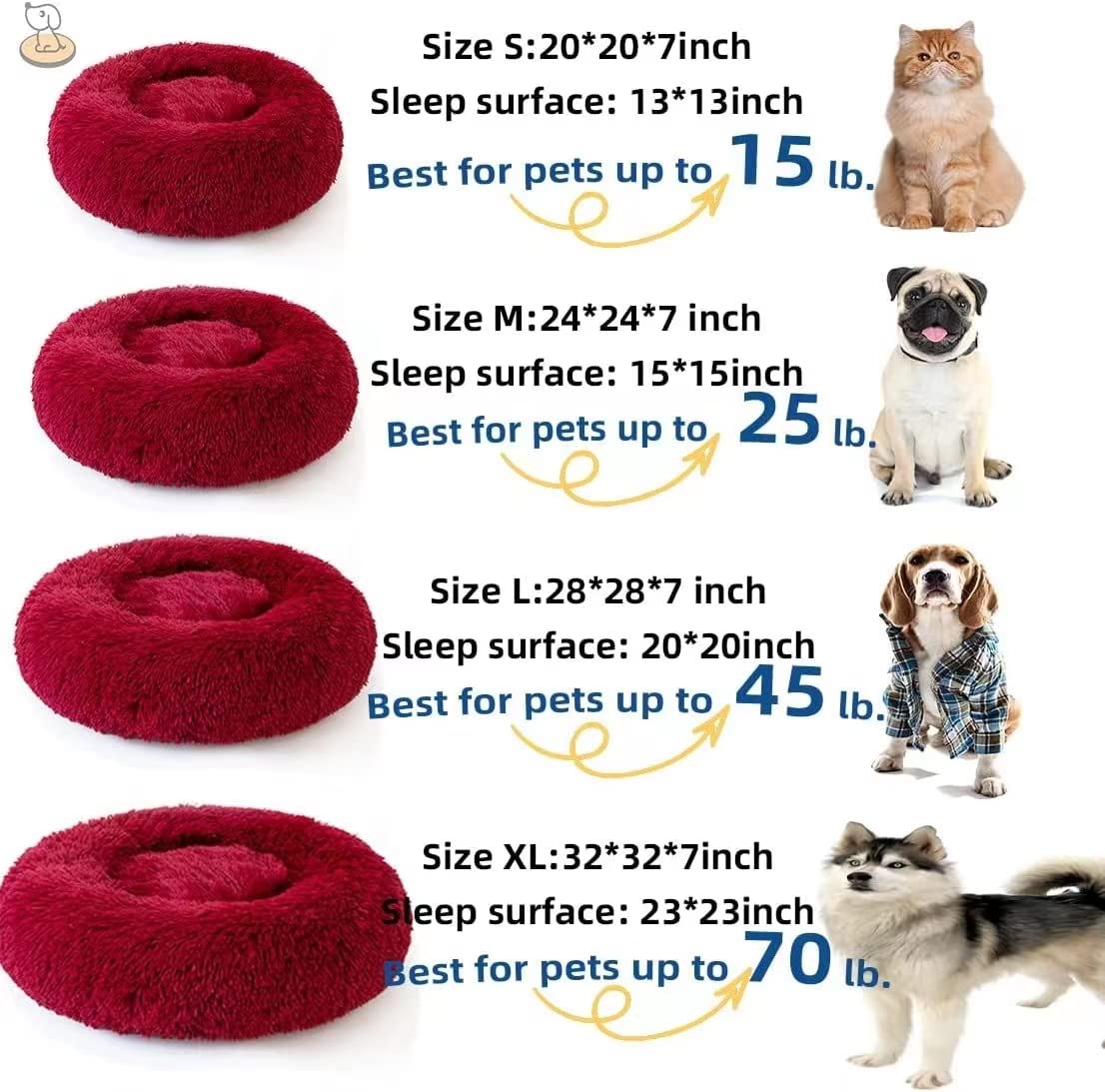 Cat Beds for Indoor Cats - Cat Bed Washable 20/24 inches, Dog Beds for Small Medium Dogs, Anti Anxiety Round Fluffy Plush Faux Fur Cat Bed, Thick Bottom (Red, Medium)