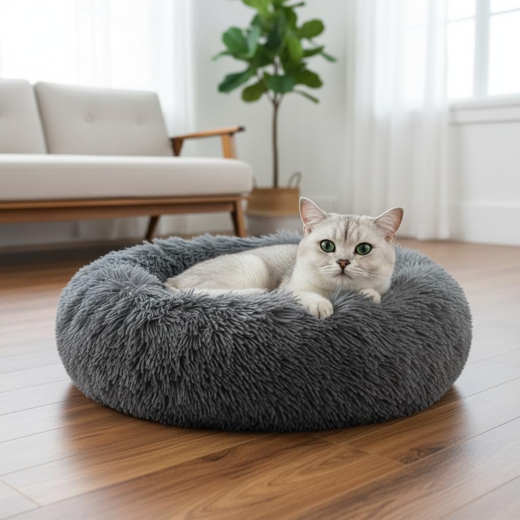 Donut Small Dog Bed, Calming Cat Beds for Indoor Cats, Deep Grey, 13x13x4in