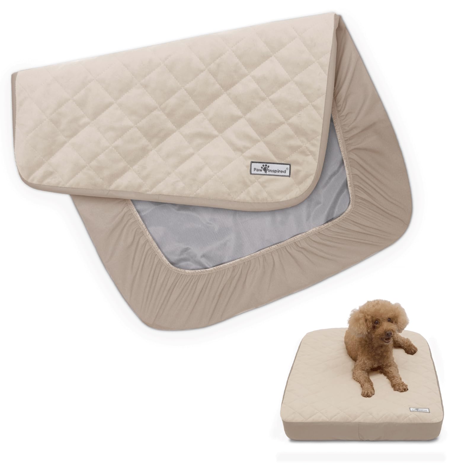 Paw Inspired Washable, Waterproof Fitted Dog Bed Cover, Beige, 30x20x5 Inch