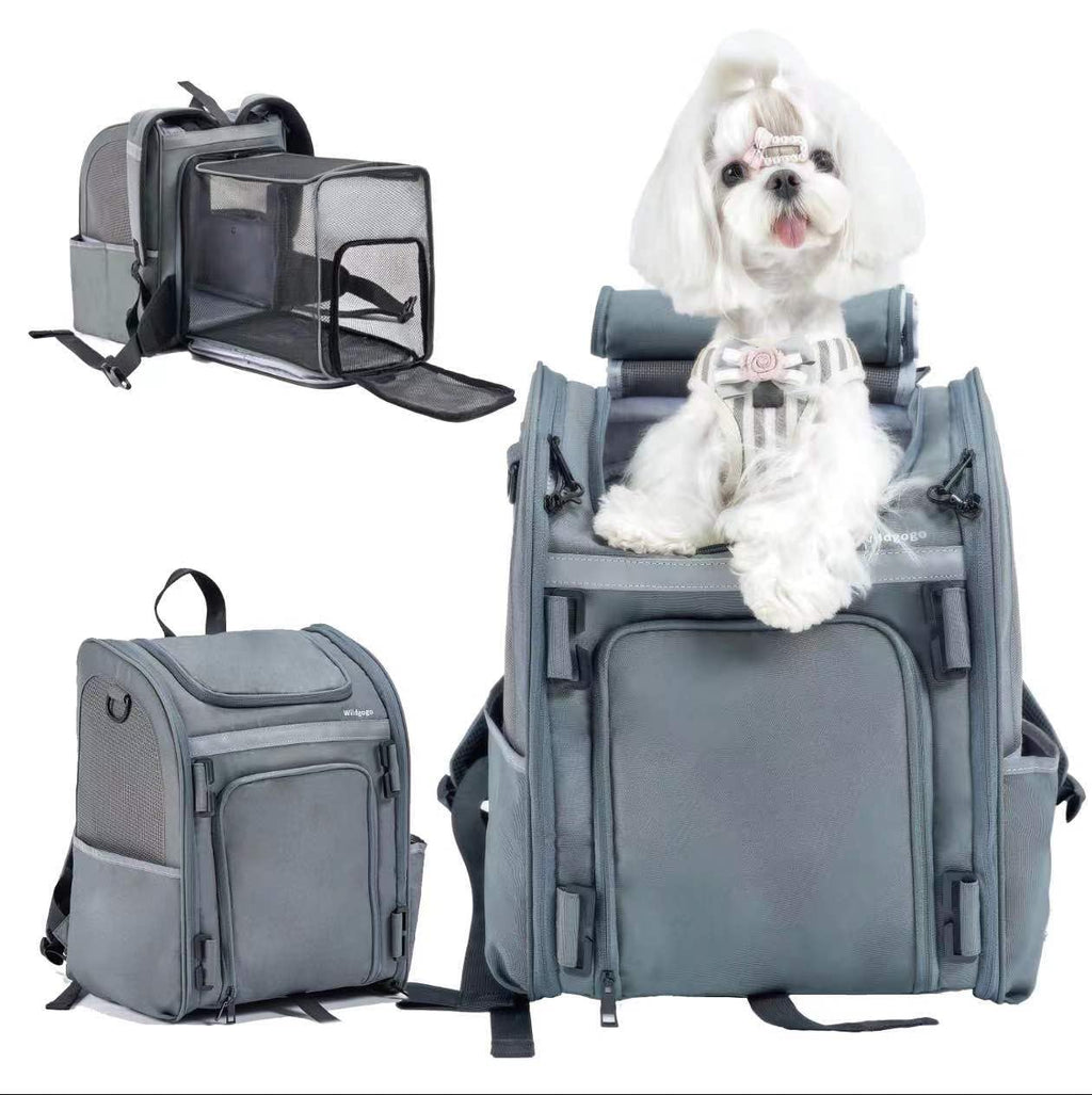 Wildgogo Expandable Pet Carrier, Airline-Approved Foldable and Detachable Backpack, Fits 13lbs Cat&11lbs Small Puppy Dog, for Car Travel,Camping and Emergency Transportation and Shelter (Grey)