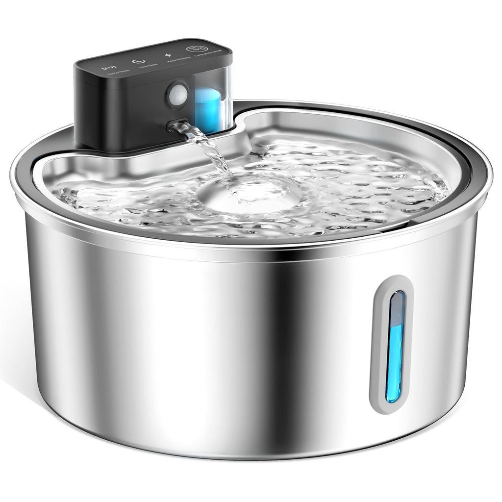 PawPoll Wireless Cat Water Fountain Stainless Steel - 3.2L/108oz Cordless Pet Water Fountain Battery Operated Cat Water Dispenser Ultra Silent Rechargeable Water Fountains for Cats and Dogs