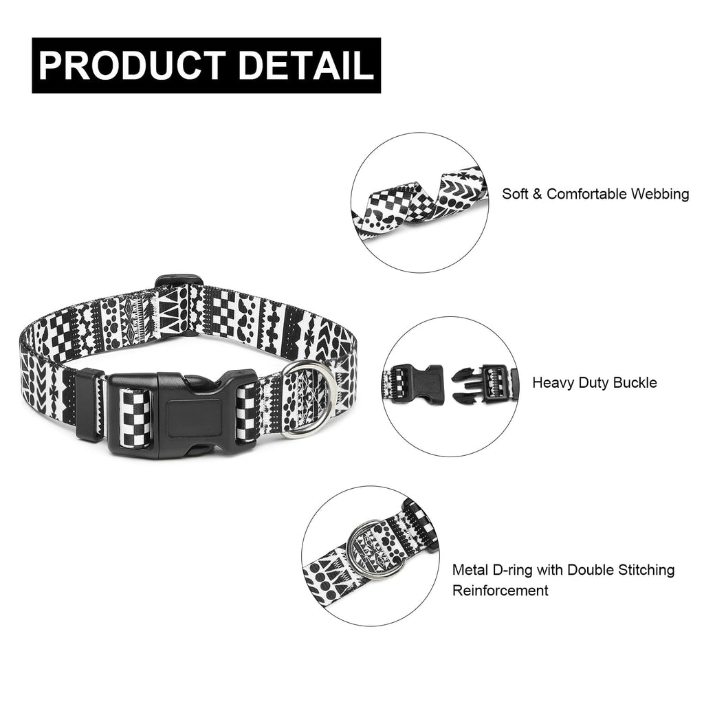 Mercano Adjustable Dog Collar - Special Design Patterns, Soft Nylon Comfortable Durable Pet Collar for Small Medium Large Dogs (L, Black White A)