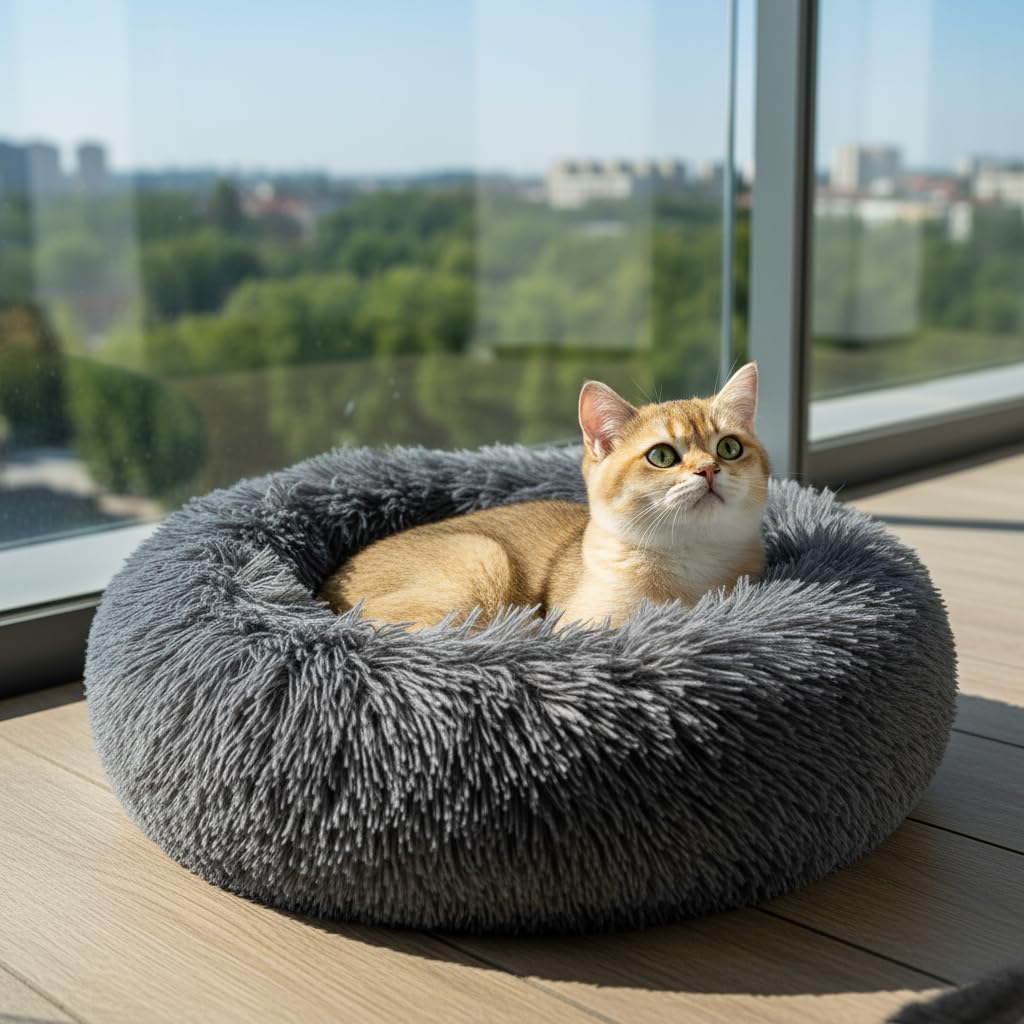 Donut Small Dog Bed, Calming Cat Beds for Indoor Cats, Deep Grey, 13x13x4in