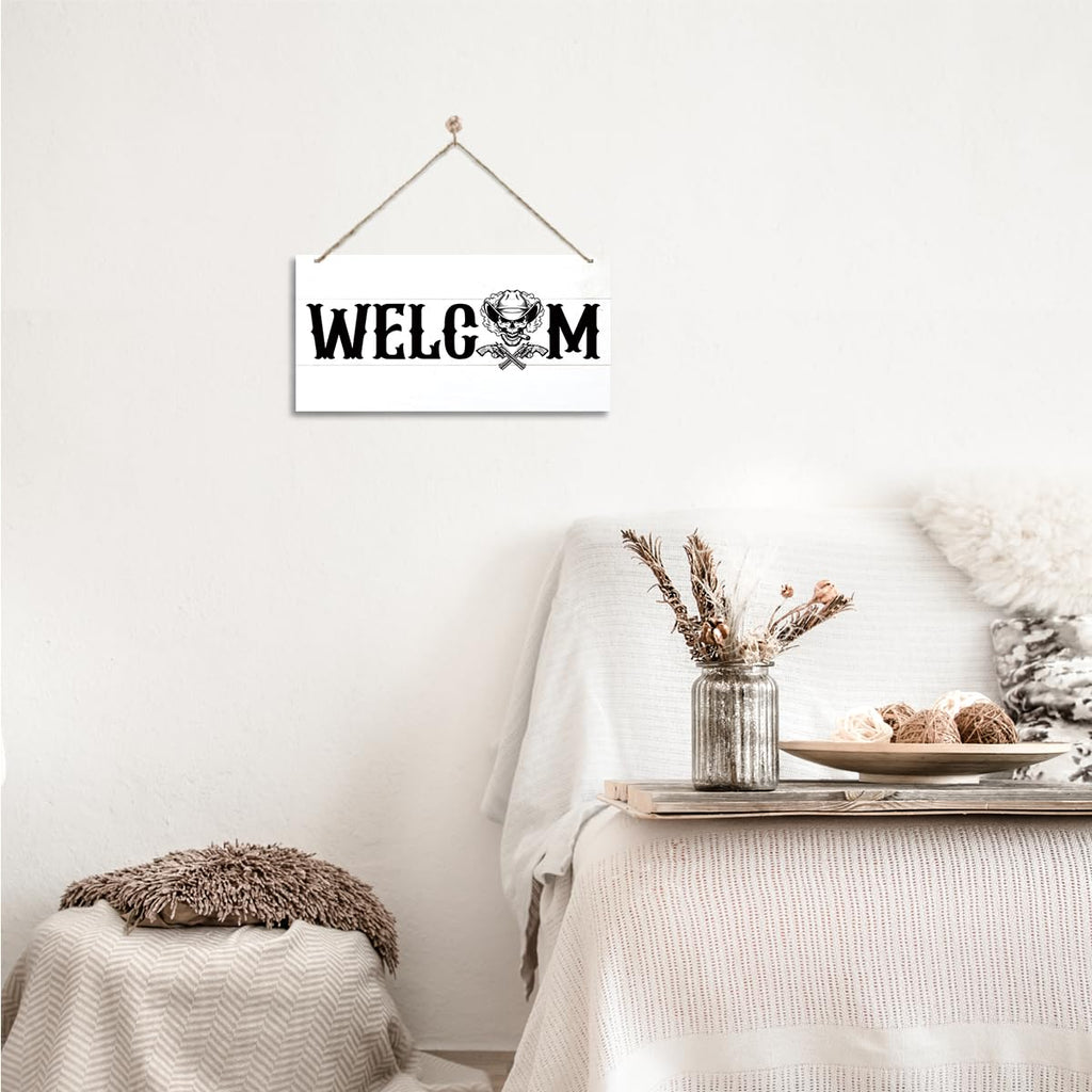 Welcome Sign for Front Door, Welcome Decor Wooden Hanging Sign for Wall Decor, CowBoy Skeleton Pattern Hanging Signs, Funny Wooden Outdoor Front Door Decoration 13.8X6.9 inches
