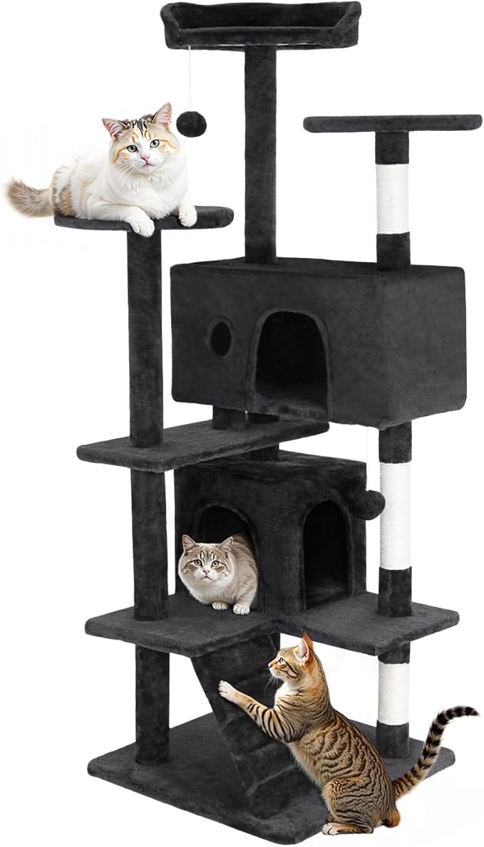 FDW | 70" Cat Tree Tower | Beige | Multi-Level Indoor Activity Center with Sisal Scratching Posts, Condos, Plush Perches, Hanging Cat Toys | Sturdy, Easy to Assemble | for Kittens & Adult Cats