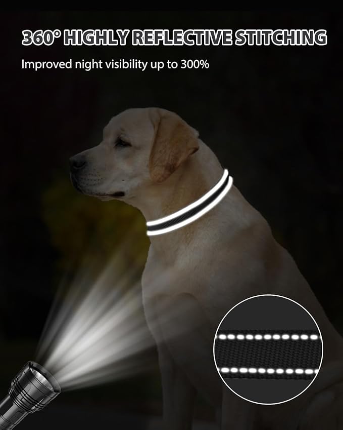 Joytale Dog Collar for Large Dogs, Strong Double-Sided Reflective Nylon Collar for Night Safety, Adjustable Quick-Release for Daily Walking, Black, L (1" Width)