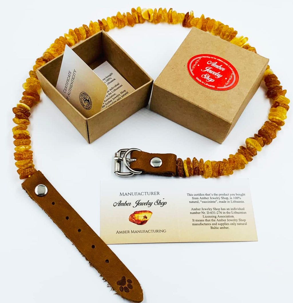 Baltic Amber Dog & Cat Collar with Adjustable Leather Strap - Raw Knotted Amber Beads (40-45cm)