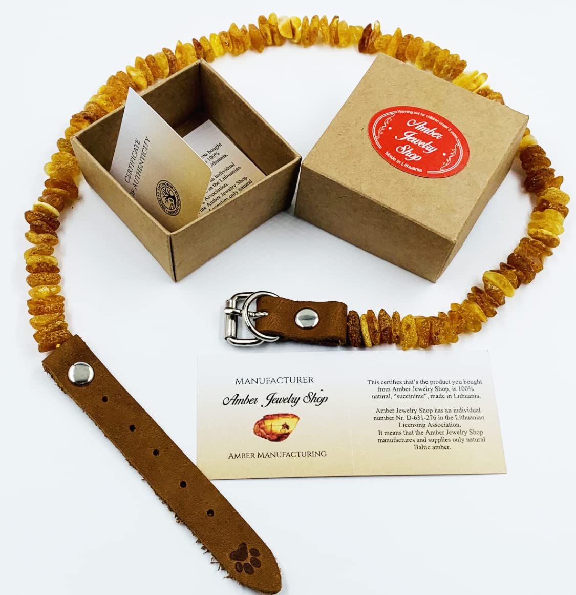 Baltic Amber Dog & Cat Collar with Adjustable Leather Strap - Raw Knotted Amber Beads (40-45cm)