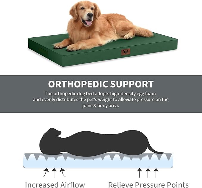 Outdoor Dog Bed for Small Dogs, Waterproof Dog Crate Bed for Medium Dogs Cats, Orthopedic Egg Crate Foam Pet Bed with Washable Removable Oxford Cover, Dark Green