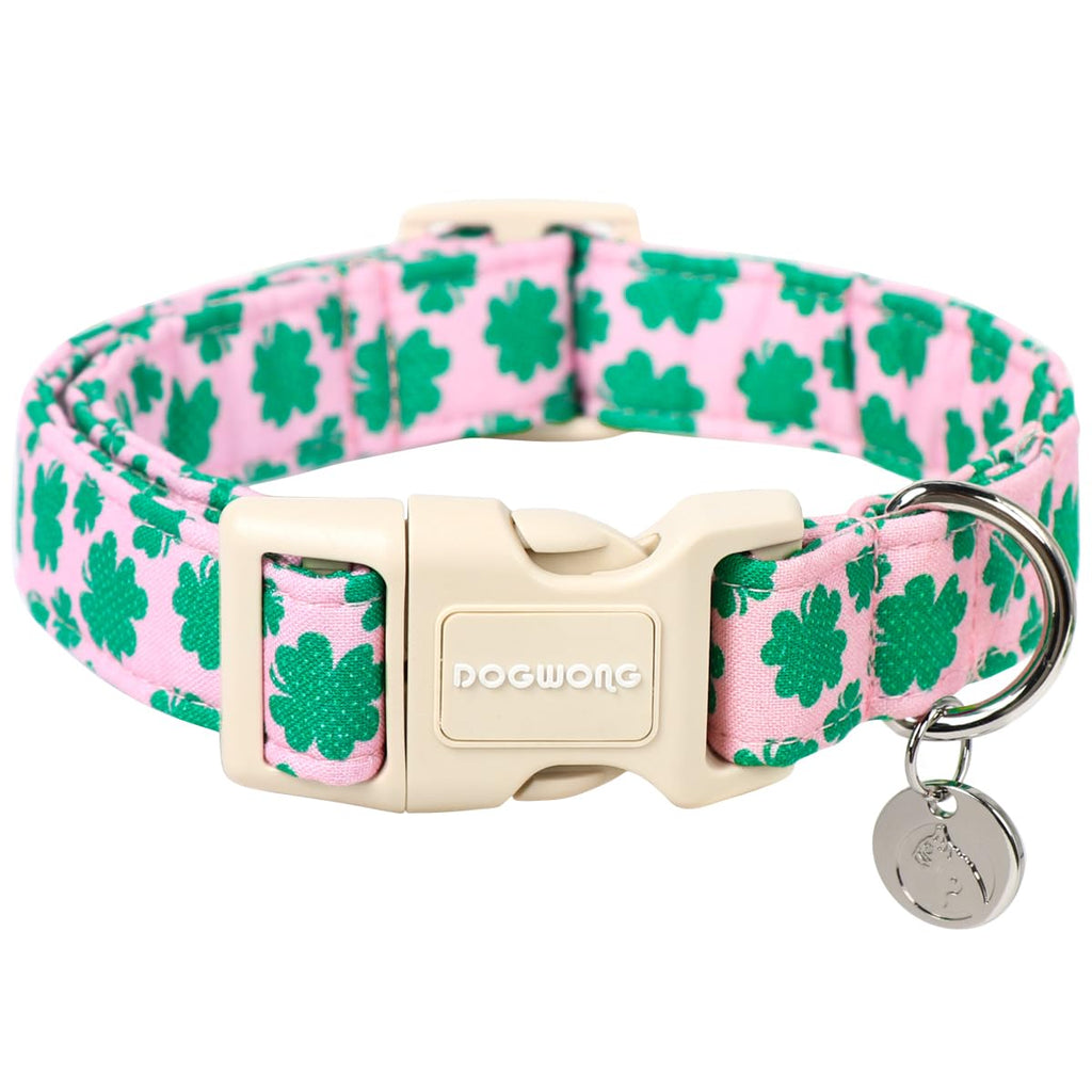 DOGWONG St. Patrick's Day Dog Collar, Pink Lucky Clover Shamrock Dog Collar Soft Durable Adjustable Costume Lucky Charm Puppy Collar for Small Medium Large Dog