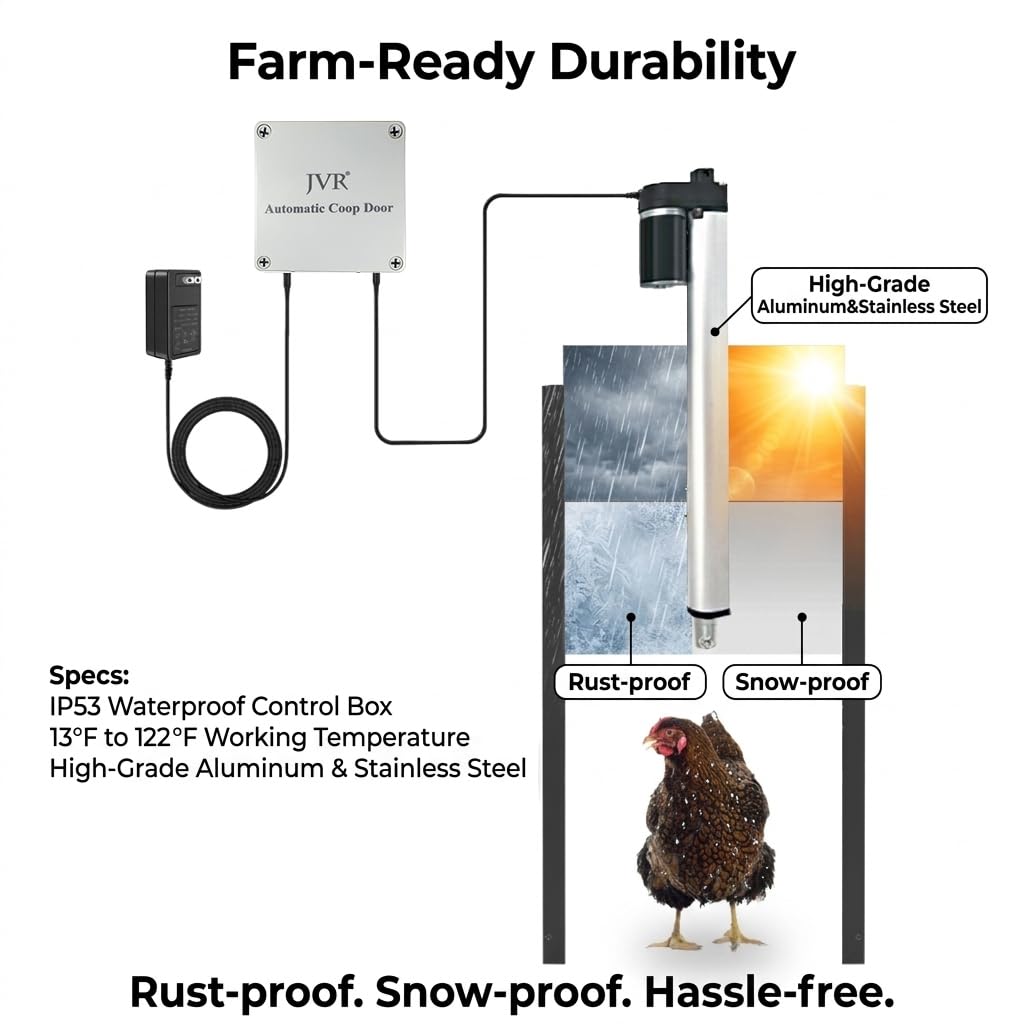 JVR WiFi Chicken Coop Door, App & Alexa Control, Sunrise/Sunset, Anti-Pinch