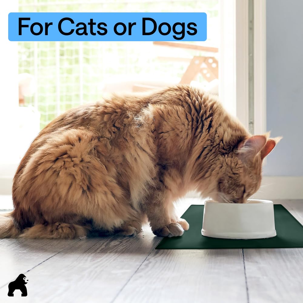 GORILLA GRIP 100% Waterproof Raised Edge BPA Free Silicone Pet Feeding Mat, Dog Cat Food Mats Contain Spills Protects Floors, Placemats for Cats and Dogs Water Bowl, Pets Accessories 16x10, Green