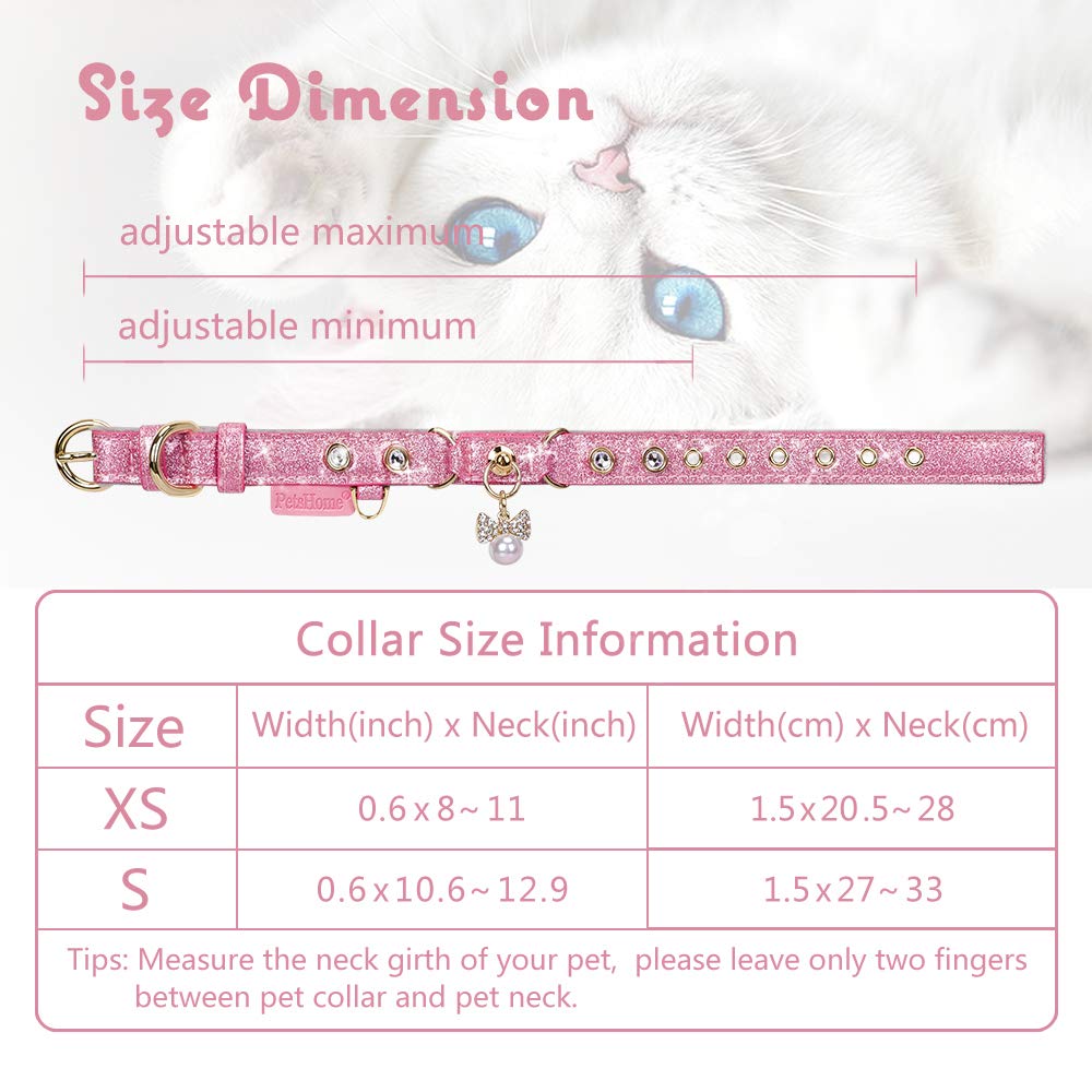 PetsHome Cat Collar, Dog Collar, [Bling Rhinestones] PU Leather Adjustable Pet Collar with Luxury Pendant for Cat and Small Dog Extra Small Pink