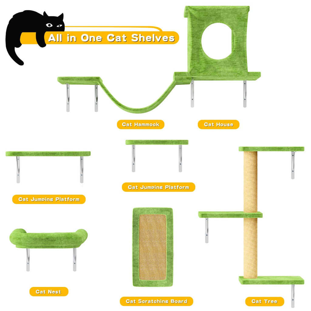 NUNU LAB Wall Mounted Cat Furniture Set - 6 Pcs Climber Set with House, Bridge, Steps, Scratcher Board - DIY Walls Playground, Indoor Cat Shelves - Green