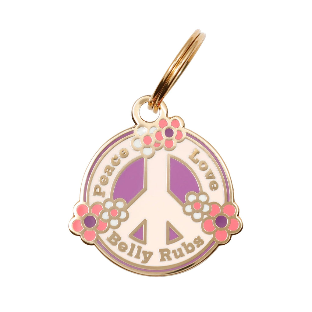 Two Tails Peace, Love, Belly Rubs Dog ID Tag, Engraved, Gold Plating