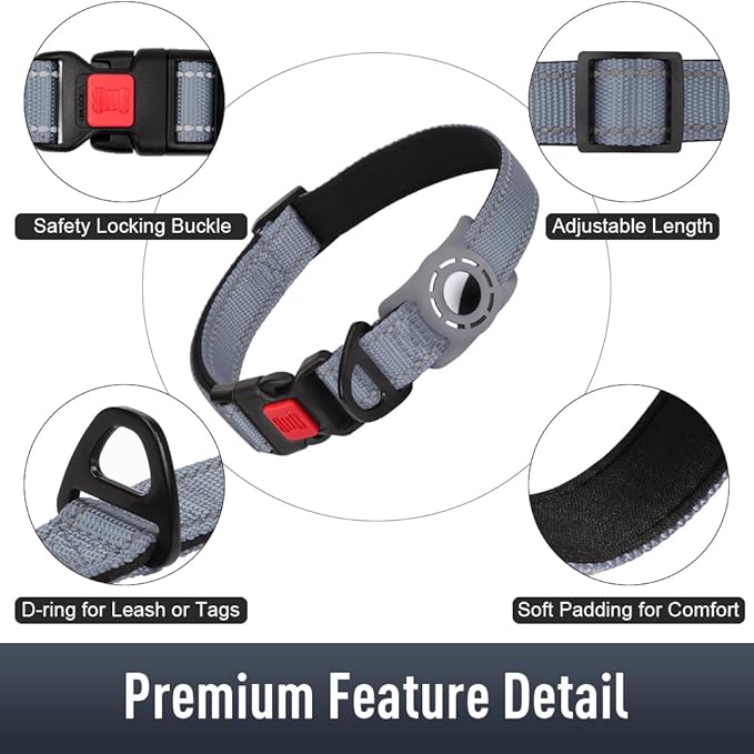 Erbine AirTag Dog Collar with AirTag Holder Compatible for Air Tag, Reflective Soft Padded, Safety Locking Buckle, Adjustable Nylon for Small Medium Large Dogs (Grey,XS)