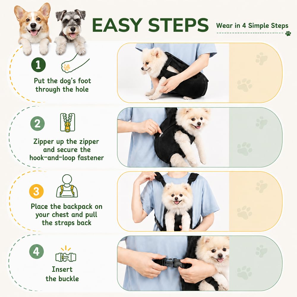 Inspack Dog Backpack Carrier/Cat Carrier, Adjustable Pet Front Carriers Travel Bag for Puppy Medium Dogs, Legs Out, Soft Ventilated Dog Chest Carry Backpacks for Hiking/Camping, 7-11 lbs, Black