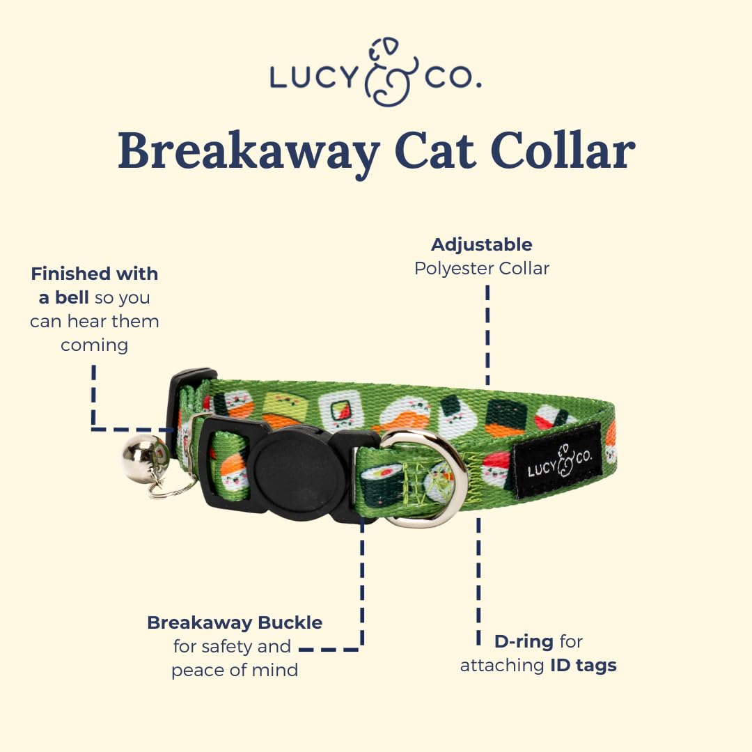 Lucy & Co. How I Roll Breakaway Cat Collar with Bell – Designer Print Adjustable Safety Collar for Cats, Kittens & Small Dogs, Lightweight Pet Collar for Boy & Girl Cats – Large