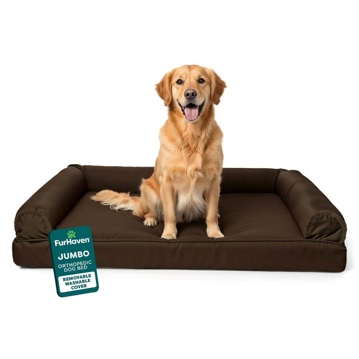 Furhaven Orthopedic Dog Bed for Large Dogs w/ Removable Bolsters & Washable Cover, For Dogs Up to 95 lbs - Plush & Suede Sofa - Almondine, Jumbo/XL