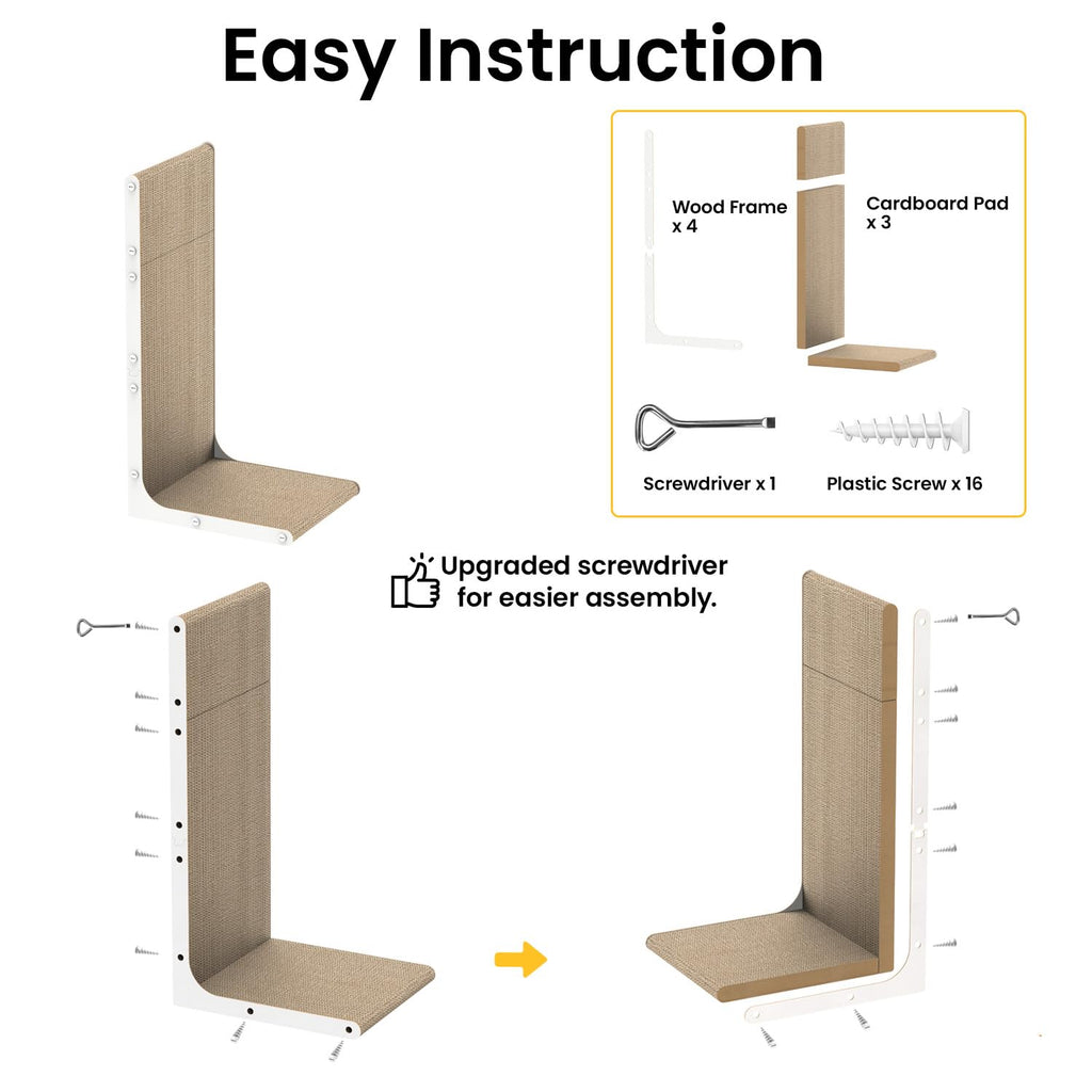 Conlun Cardboard Cat Scratcher, 23" L-Shaped Scratch Pad, Vertical Wall-Leaning Scratching Board to Protect Furniture for Indoor Cats, White