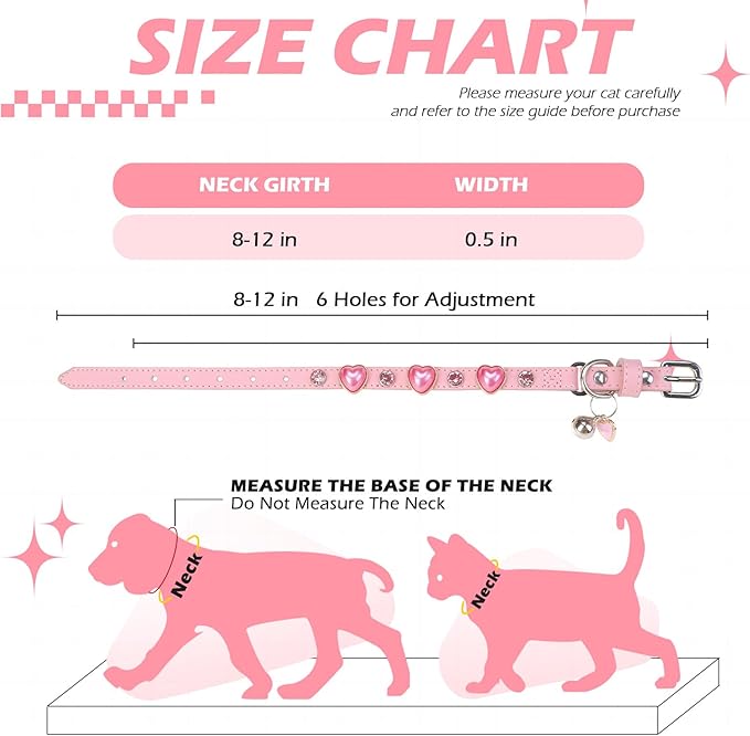 EXPAWLORER Leather Cat Collar for Girl Boy Cats,Pink(Heart Diamond Rivet)