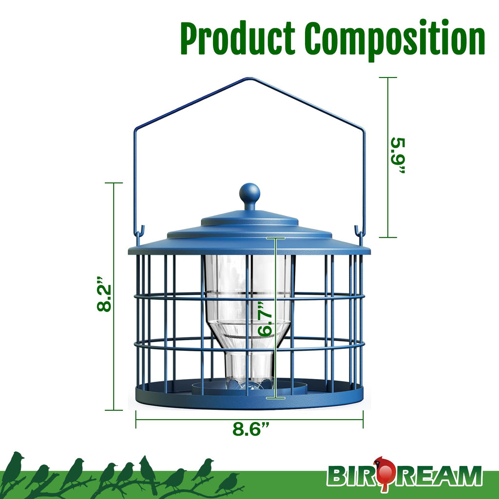 Birdream Squirrel Proof Bird Feeder, Metal Cage Bird Feeder for Outdoors Hanging, Starling Resistant Design for Small Birds, Weatherproof with Drain Holes, Easy to Refill, Blue
