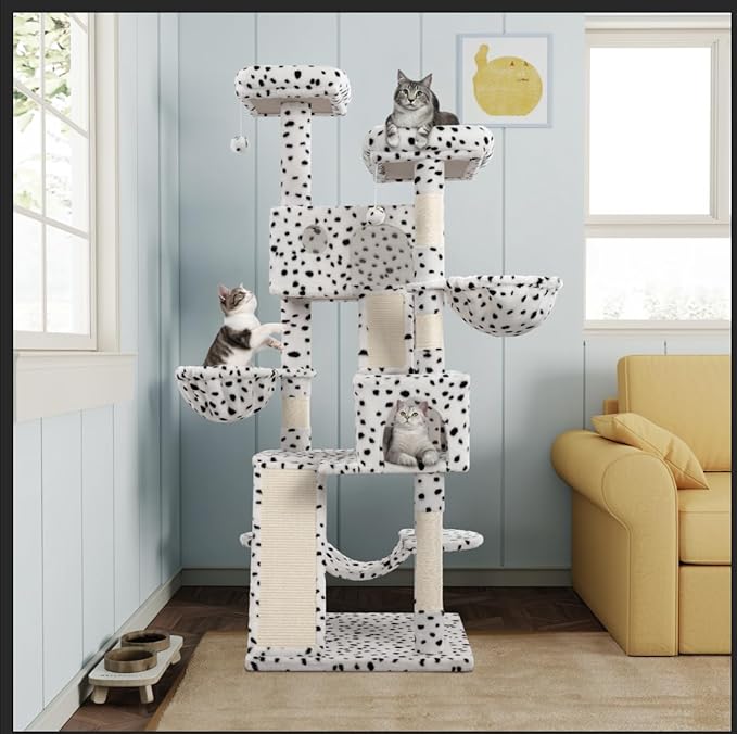 MUTICOR 66 Inches Multi-Level Large Cat Tree Tower for Indoor Big Feline/Cozy Plush Perches/Condo/Sisal Scratching Posts/Hammock and Baskets/Activity Center Play House/Wide Base/Leopard Print