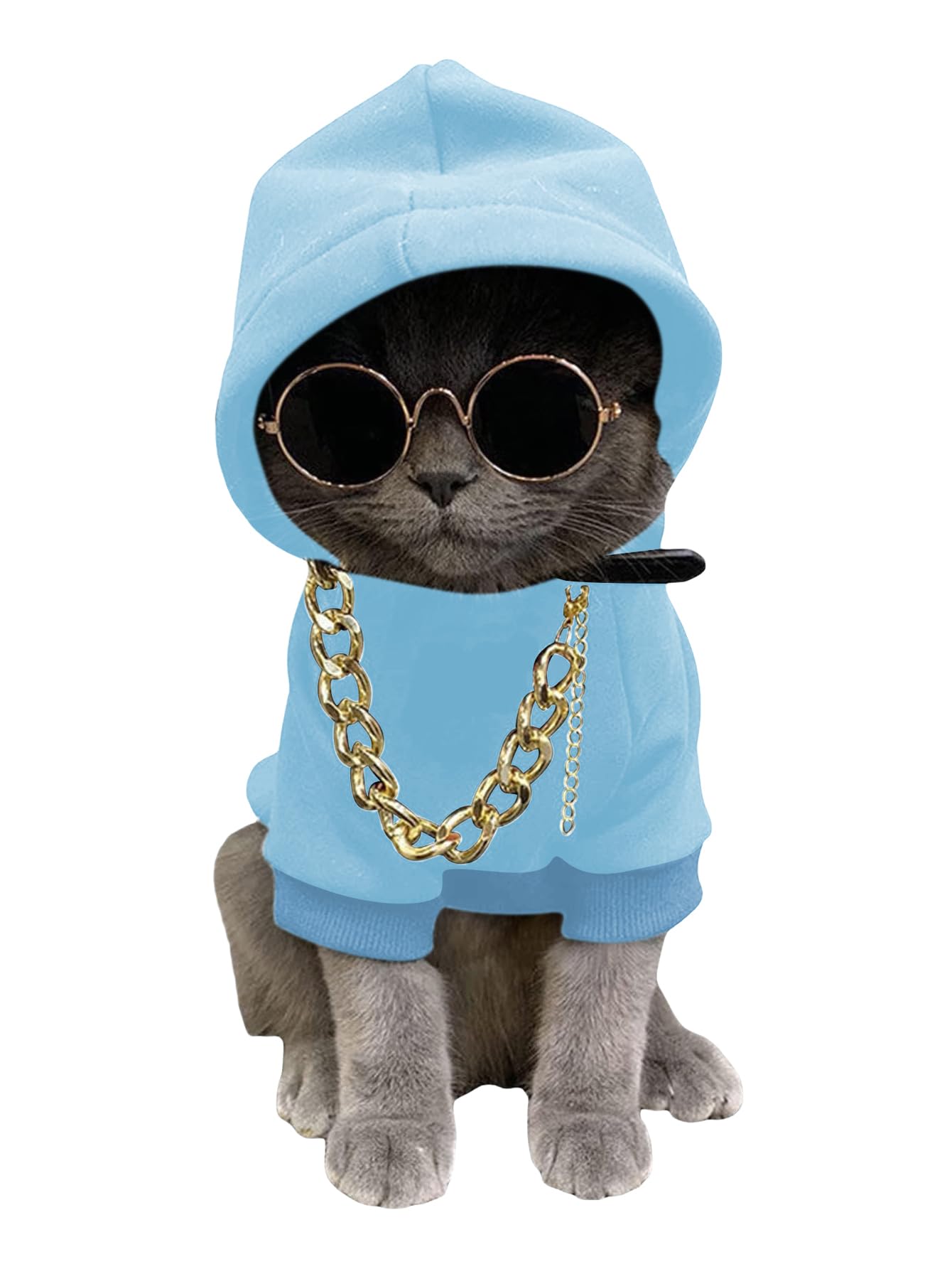 QWINEE 3Pcs Dog Hoodie Cat Apparel Dog Custume Set with Necklace and Sunglasses Pet Clothes for Puppy Small Medium Dogs Cats Light Blue XX-Small