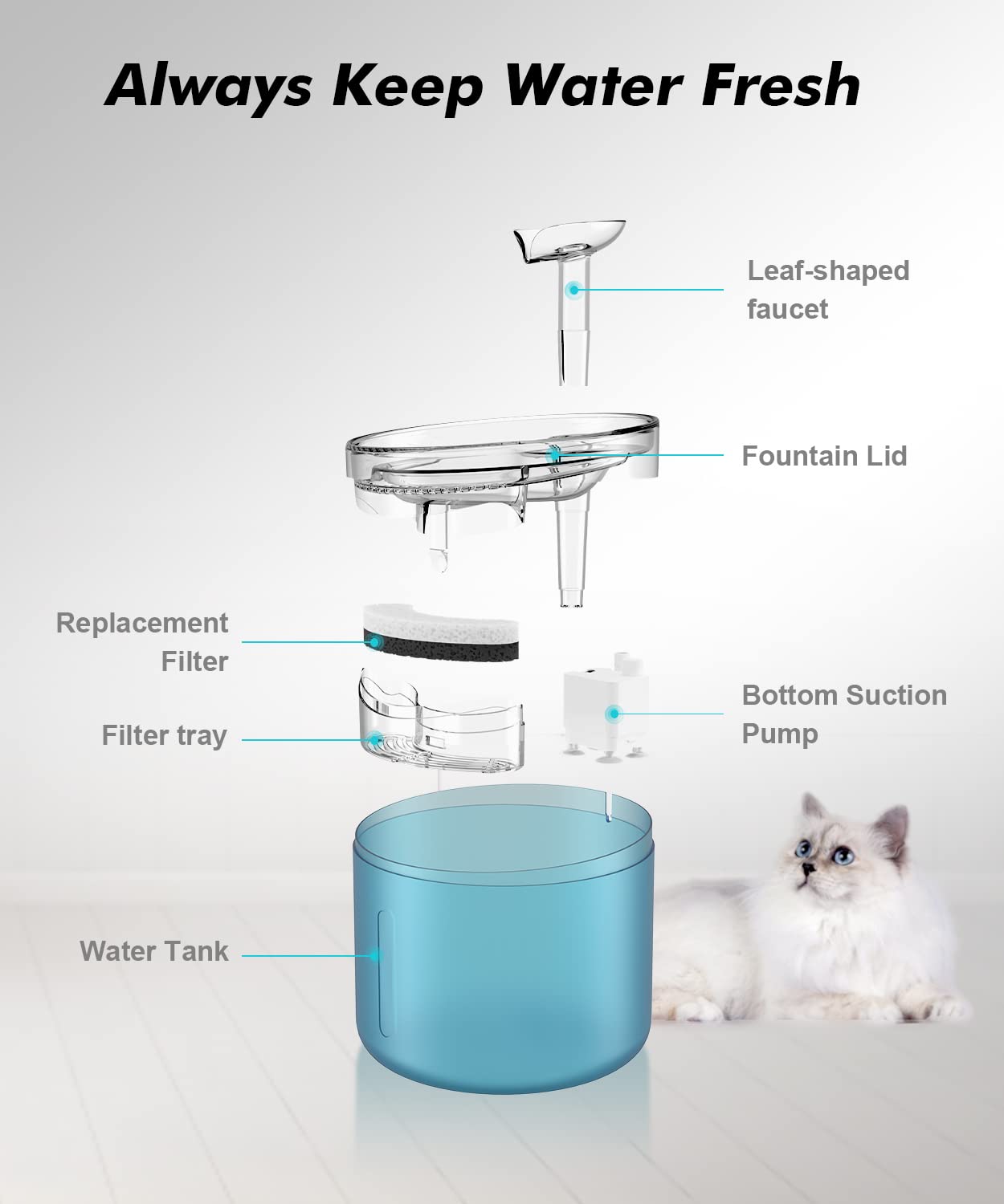 NPET WF100 Cat Foutain, 54oz/1.6L Automatic Pet Water Fountain Dog Water Dispenser with 2 Flow Modes, Bottom Suction LED Light Quiet Pump for for Cats & Small Dogs