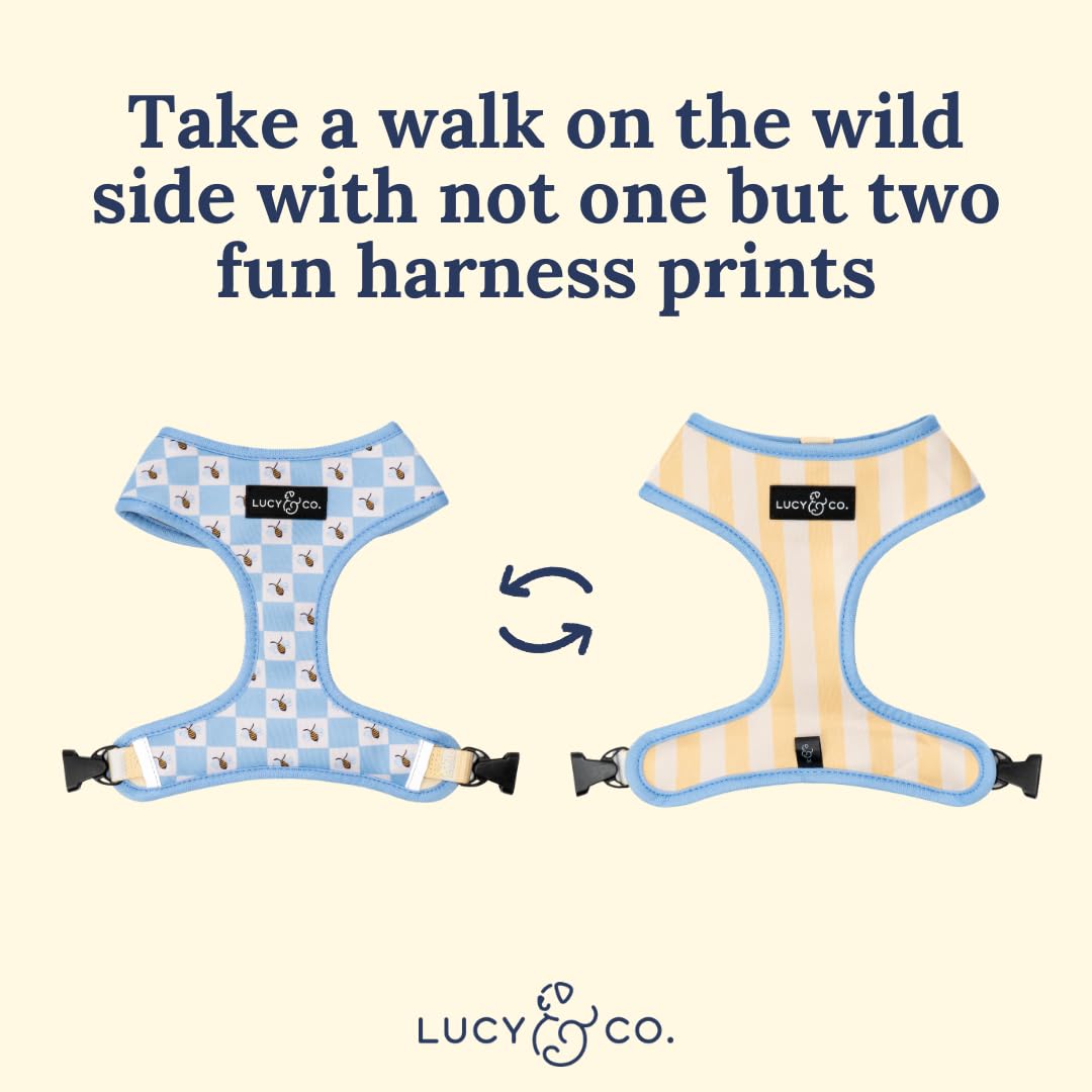 Lucy & Co. Reversible Dog Harness - Water-Repellent Neoprene, Dual-Print Design, Easy Swap Style, Adjustable Comfort Fit - Bumbling Around Reversible Harness - Large