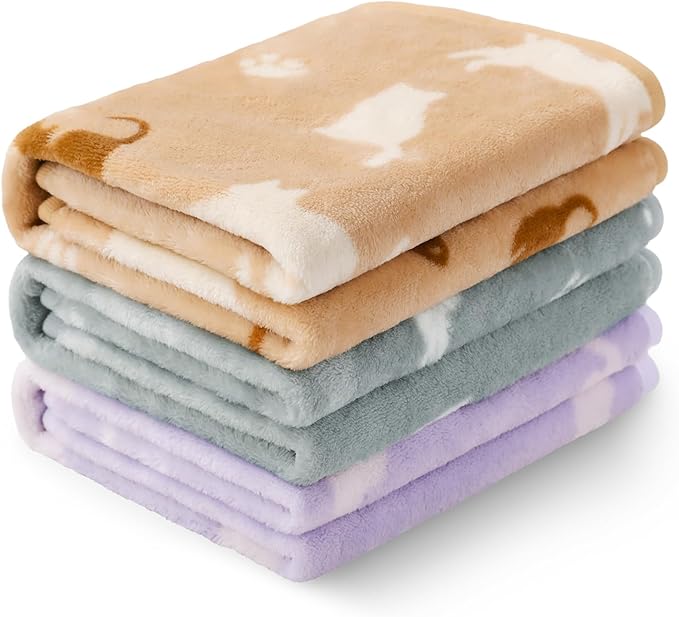 Luciphia 1 Pack 3 Dog Printed Fleece Pet Blankets Washable，Soft Warm Throw Covers for Crate Couch Bed，Cozy Puppy Essentials for Dogs and Cats，Purple/Grey/Khaki, Large (41x31 inch)
