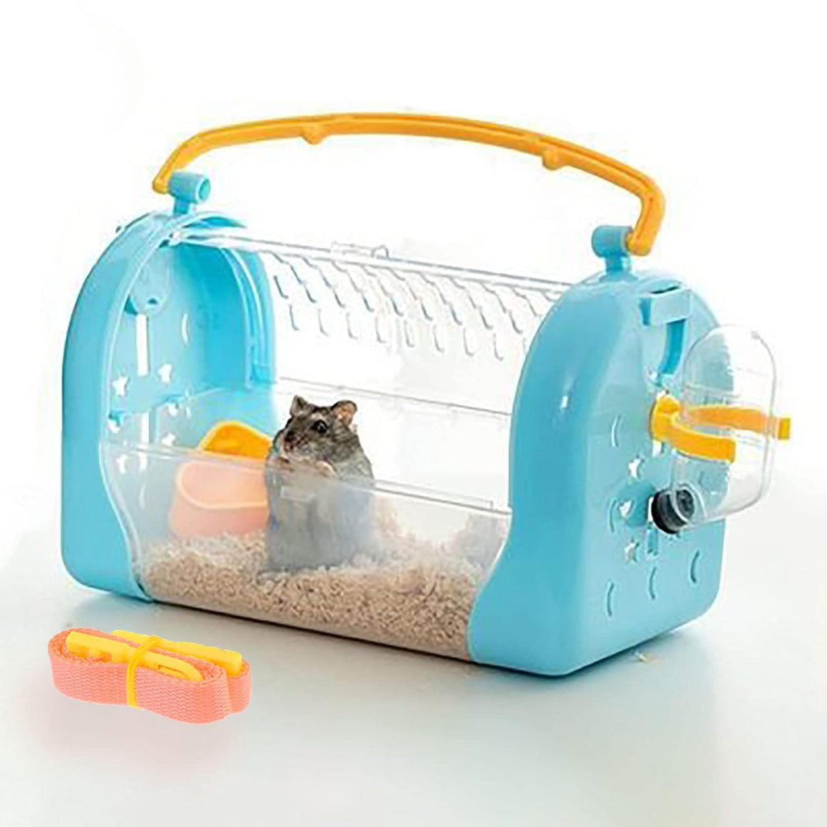 Portable Hamster Cage Syrian Hamster Carry Travel Cage with Water Bottle Food Bowl Adjustable Strap Pet Outgoing Cages for Gerbil Squirrel Guinea Pig Hedgehog Chinchilla