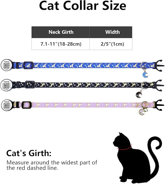 3 Pack Airtag Cat Collar, Breakaway Cat Airtag Collar with Gold Moons and Stars Lightweight Kitten Collar for Apple Air tag,GPS Tracker Holder for Cats, Kittens Cat Collar(Black & Blue & Pink)