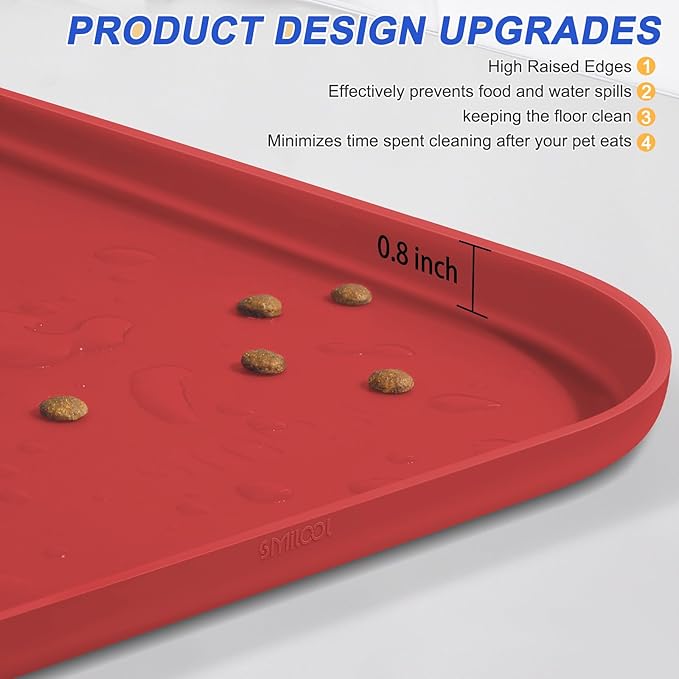 Silicone Pet Feeding Mat with Raised Edge for Food and Water, Dog Bowl Mats, Cat Bowls Placemat with High Lip for Floor Waterproof, Rubber Tray for Cats and Dogs 22 x 14 x0.8 Red