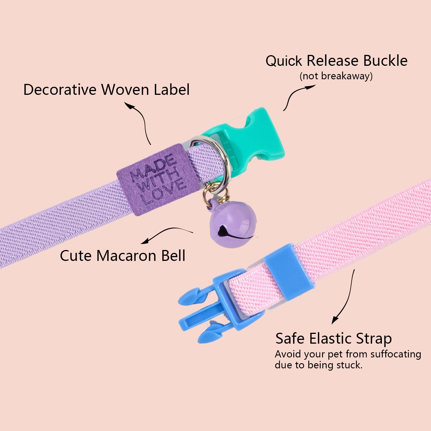 YUDOTE Elastic Cat Collar 2 Pack of Safety Quick Release Cat Collars with Bell Anti-Suffocation Kitten Puppy Collars(Pink+Lilac)