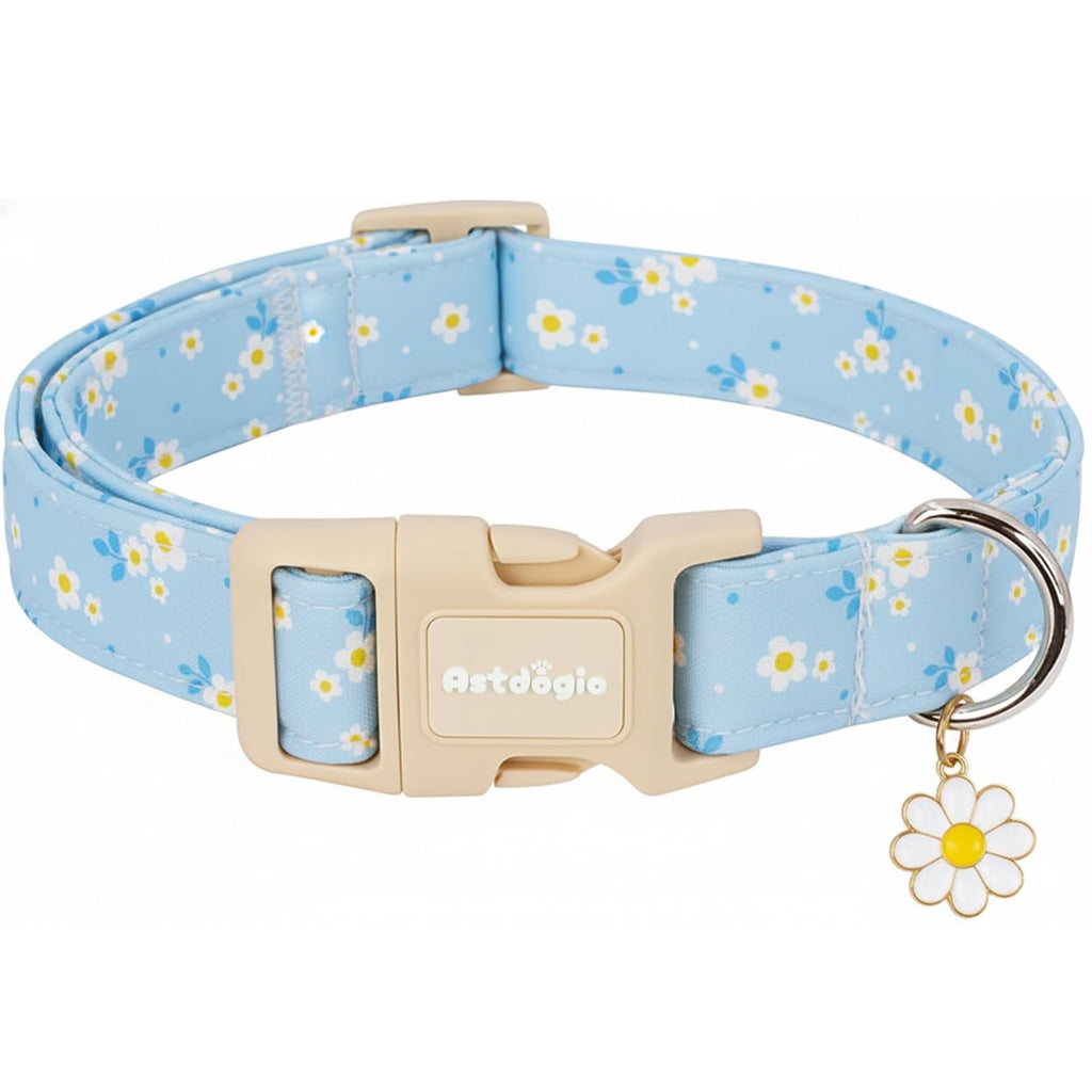 Astdogio Dog Collar for Small Medium Large Dogs, Spring Blue Dog Collars with White Flowers, Adjustable Cotton Dog Collars, Cute Girl or Boy Dog Collar Ideal for Gifts,Pet Accessory,L