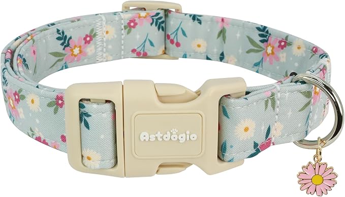 Astdogio Cotton Dog Collar, Blue Dog Collar with Flowers Pattern for Spring Summer Design, Adjustable Puppy Dog Collars, Cute Girl or Boy Dog Collar Ideal for Gifts,Pet Accessory,S