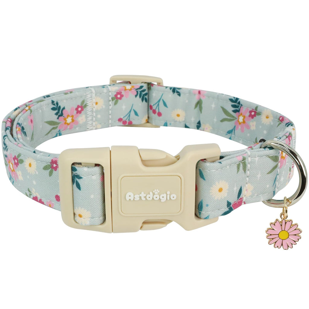 Astdogio Cotton Dog Collar, Blue Dog Collar with Flowers Pattern for Spring Summer Design, Adjustable Puppy Dog Collars, Cute Girl or Boy Dog Collar Ideal for Gifts,Pet Accessory,S