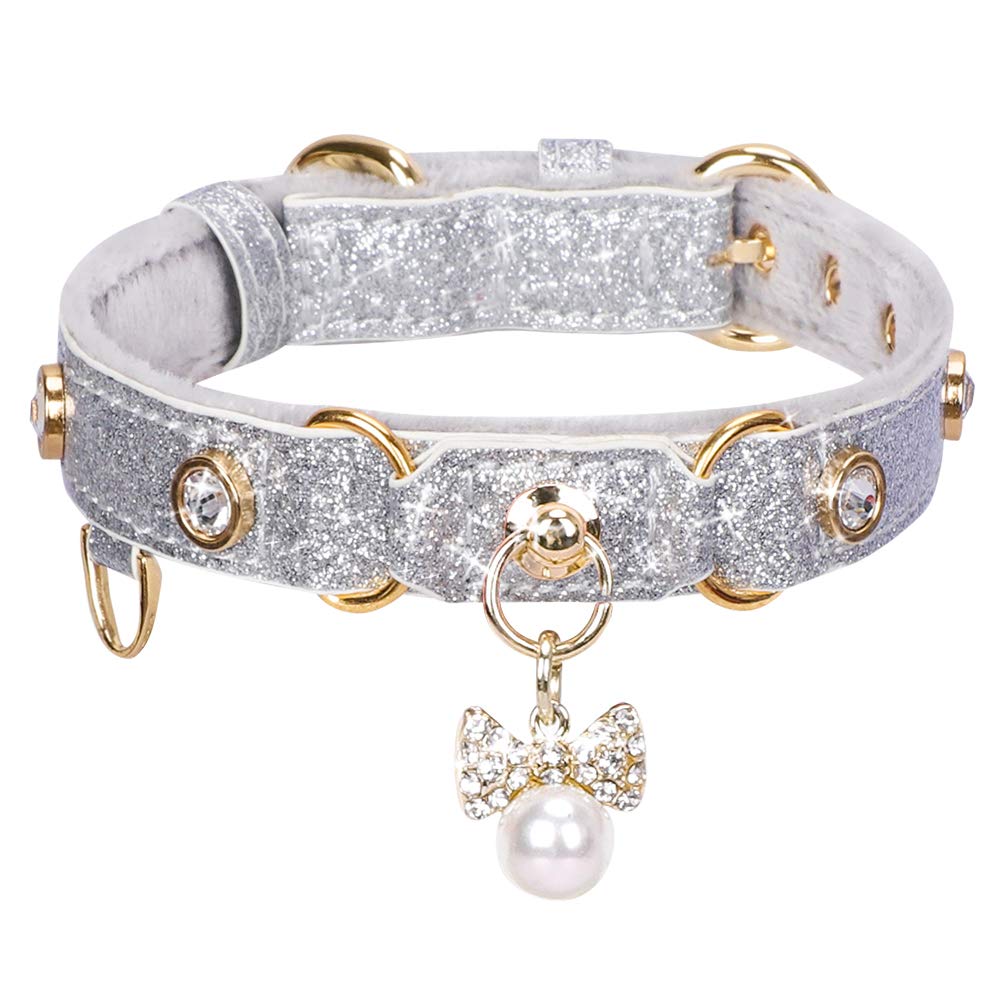 PetsHome Cat Collar, Dog Collar, [Bling Rhinestones] PU Leather Adjustable Pet Collar with Luxury Pendant for Big Cat and Small to Medium Dog Small Silvery