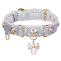 PetsHome Cat Collar, Dog Collar, [Bling Rhinestones] PU Leather Adjustable Pet Collar with Luxury Pendant for Big Cat and Small to Medium Dog Small Silvery